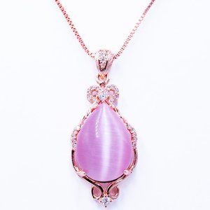 Rose Quartz and Zircon Pendant in Silver and 14K Rose Gold Plated Necklace